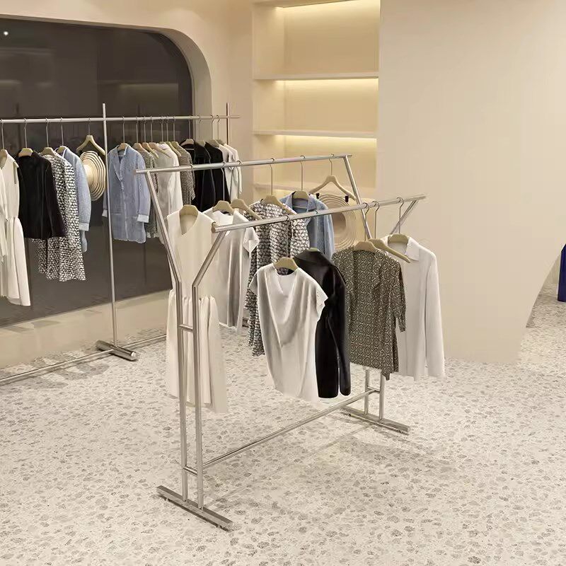 不锈钢服装店展示架落地式中岛架女装店中间高低双排货架挂衣架子