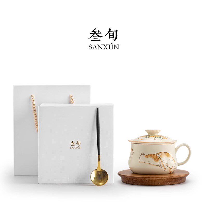 三旬招财猫茶咖杯创意陶瓷茶水分离马克杯办公室咖啡杯男女水杯子