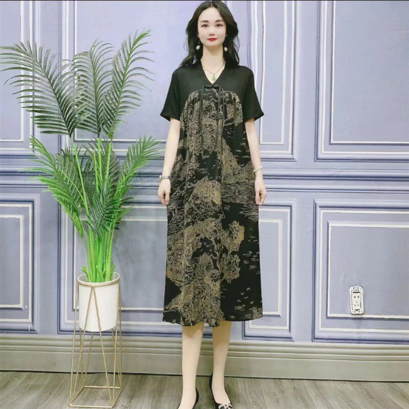 夏季新款V领连衣裙大码女装拼接盘扣流苏中年短袖宽松腰显瘦长裙