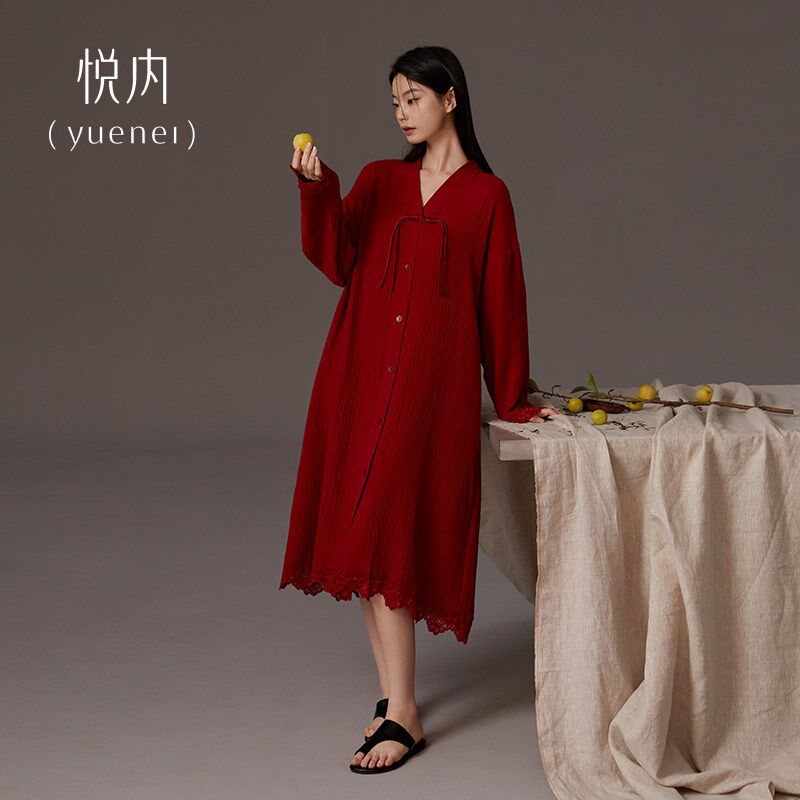 睡裙女士睡衣春秋季纯棉长袖睡袍本命年红色龙年中国风新中式结婚