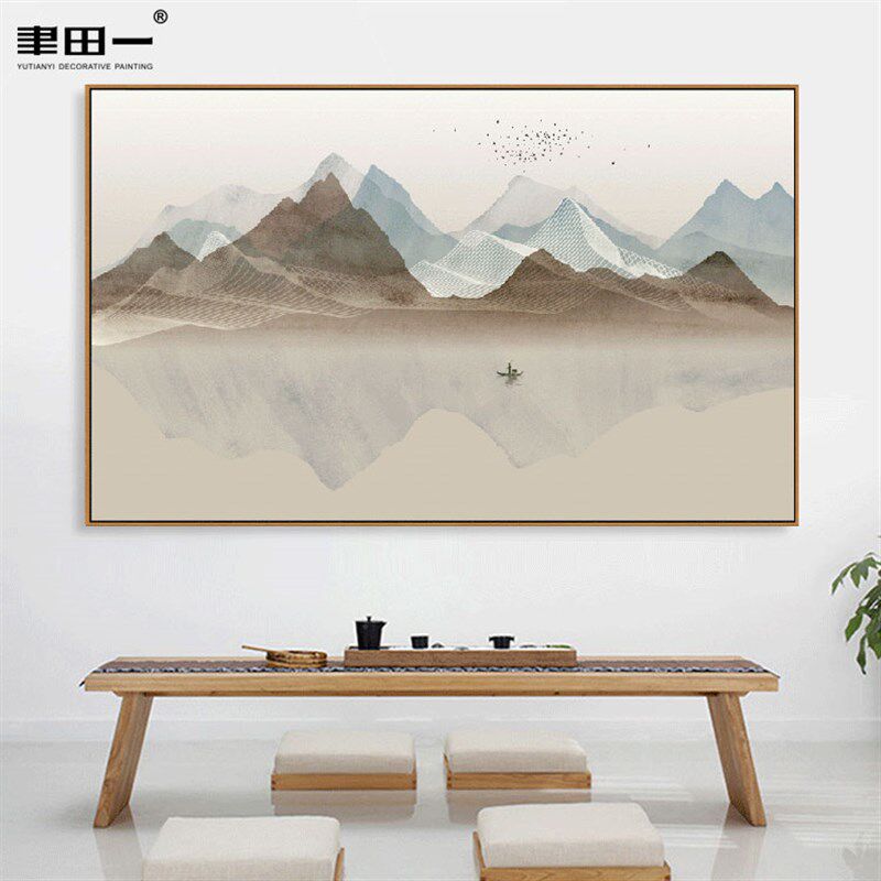 客厅墙面新中式挂画灰色山水抽象简约装饰画四联整幅配画沙发背景