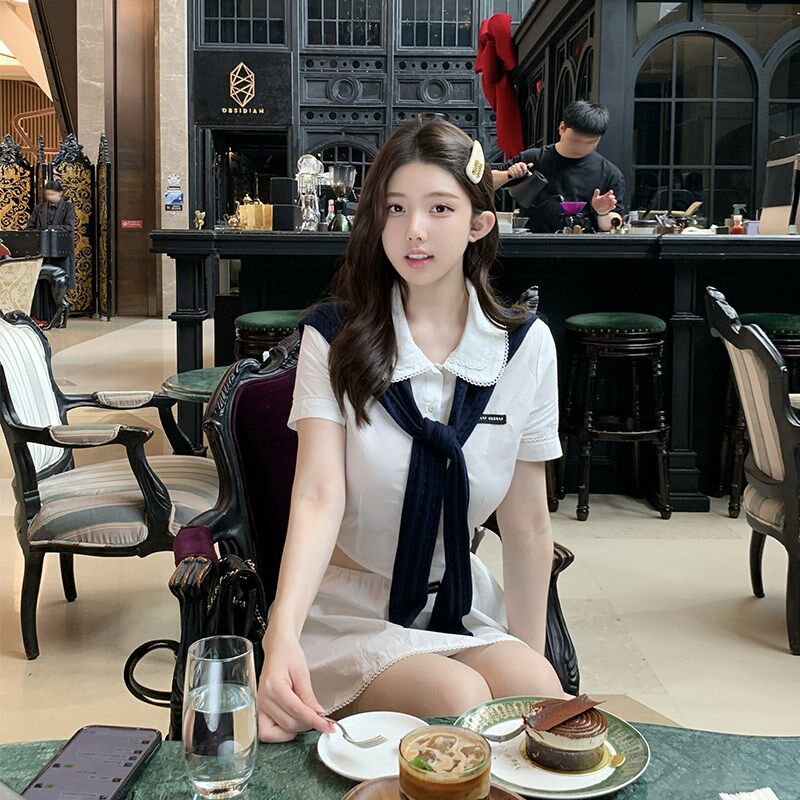 若语定制 高阶学院感棉布蕾丝衬衫半裙套装春季新款甜美两件套女