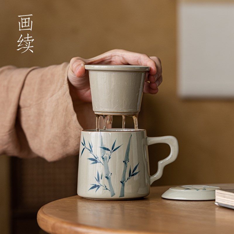 草木灰手绘兰花泡茶杯茶水分离陶瓷办公室茶具杯子过滤马克杯