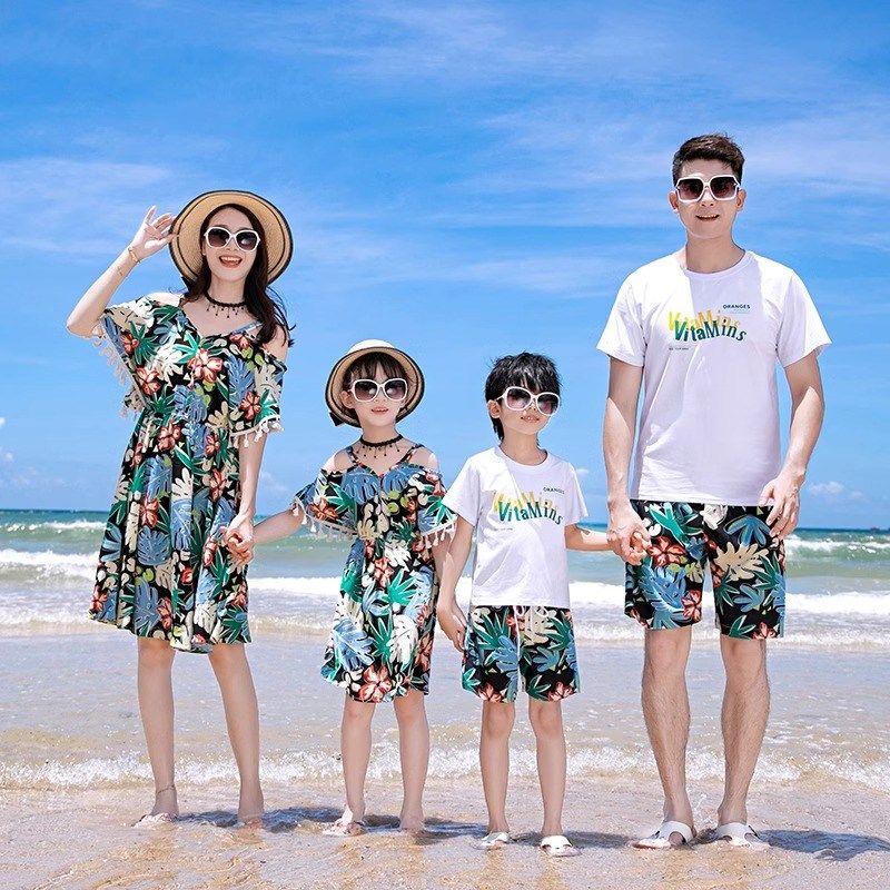 海边度假亲子装沙滩装夏款2024新款一家三口母子套装母女连衣裙