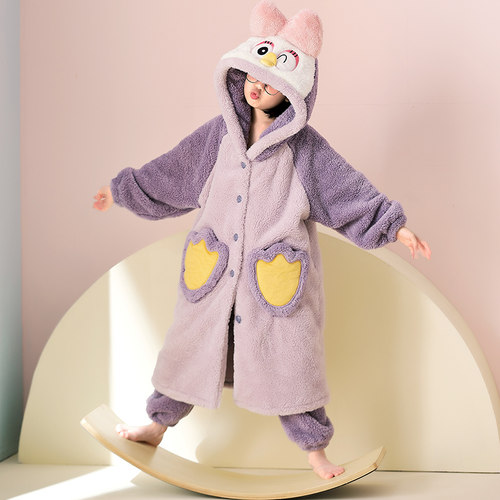 女童睡衣法兰绒冬季连帽睡袍女孩可爱学生宿舍加绒家居服套装皮卡