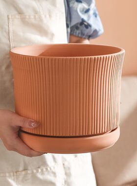 红陶花盆透气带托盘创意条形陶土北欧简约室内桌面绿萝花卉吊兰