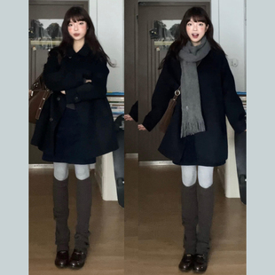 高级感黑色毛呢外套女秋冬2025新款韩系独特超好看小个子短款大衣