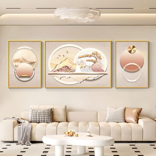 福禄金山轻奢客厅装饰画高级感山水画沙发背景墙挂画新款三联壁画