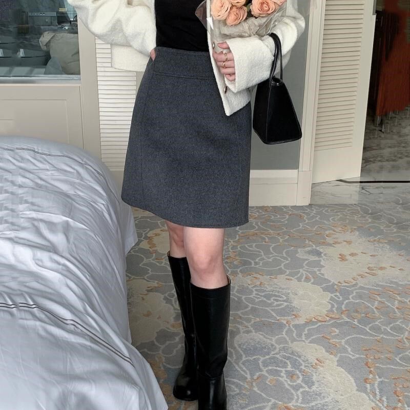 韩风高级感毛呢中裙女冬季梨形身材羊毛半身裙裤大码加厚a字短裙