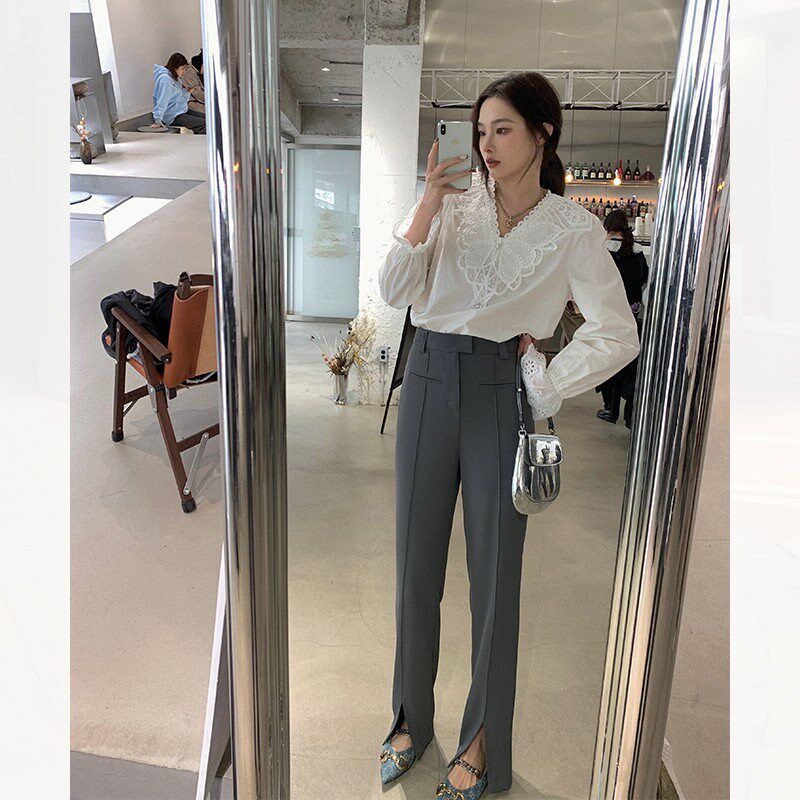 大码女装胖妹妹mm垂感开叉西装直筒春夏高腰宽松显瘦休闲裤200斤