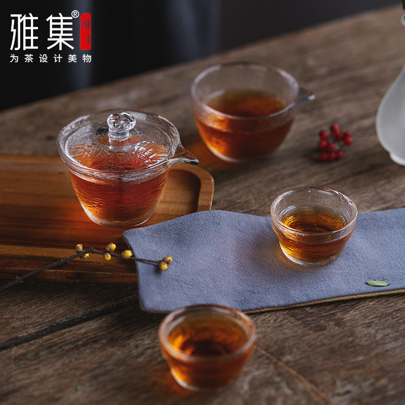 雅集旅行茶具鱼纹便携快客杯日式锤纹加厚茶具盖碗玻璃壶户外套装