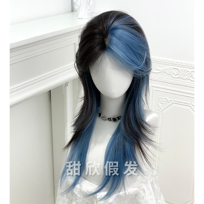 甜欣假发女新款长发蓝黑挑染日常网红氛围感修脸新款全头套式假发