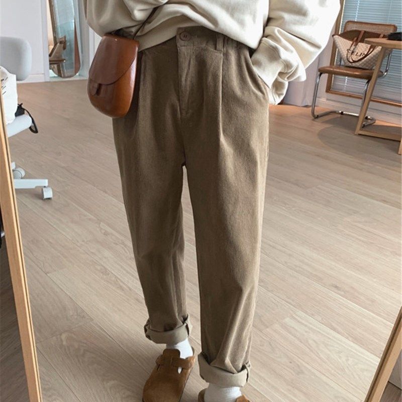 大码女装微胖妹妹mm梨型身材秋冬宽松显瘦灯芯绒哈伦直筒休闲长裤