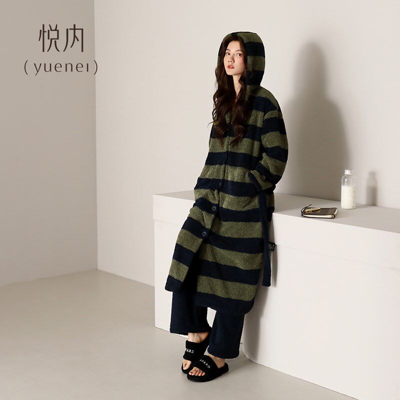 悦内半边绒睡袍女睡裙睡衣秋冬款冬季珊瑚绒加厚加绒保暖两件套装