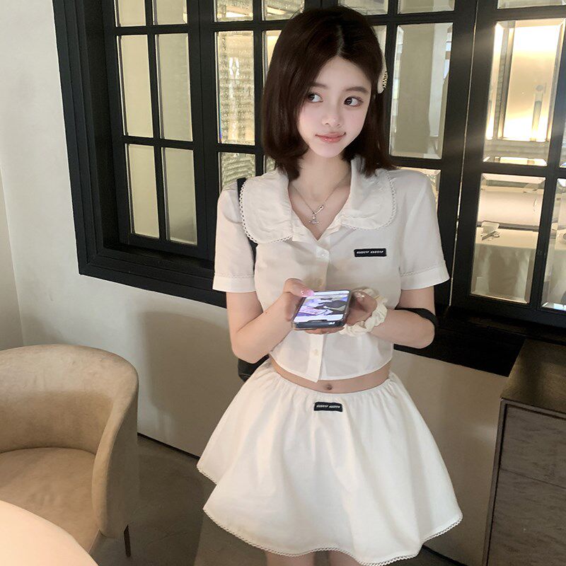 若语定制 高阶学院感棉布蕾丝衬衫半裙套装春季新款甜美两件套女