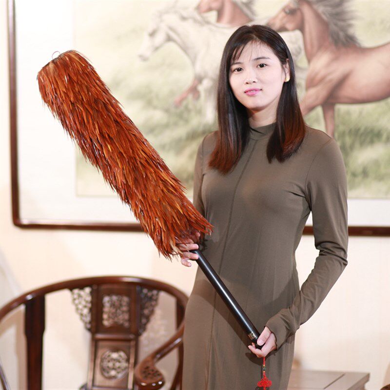 红宝坊乌木把真鸡毛掸子除尘家用鸡毛禅子扫灰不掉毛纯手工加长型