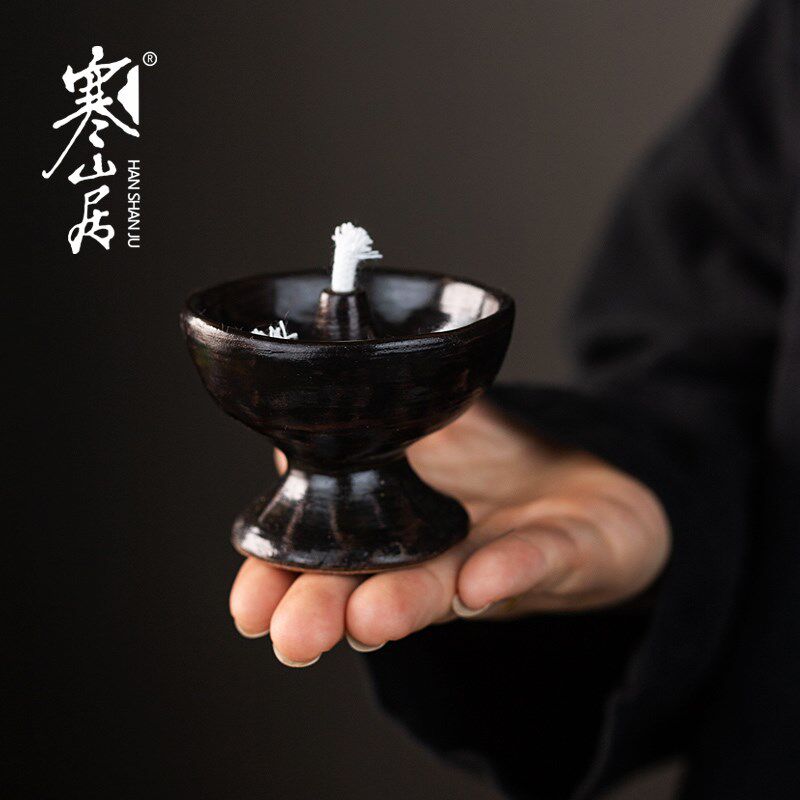 寒山居手工捏陶瓷酥油灯复古香油灯盏佛前供灯禅意茶室灯烛台摆件