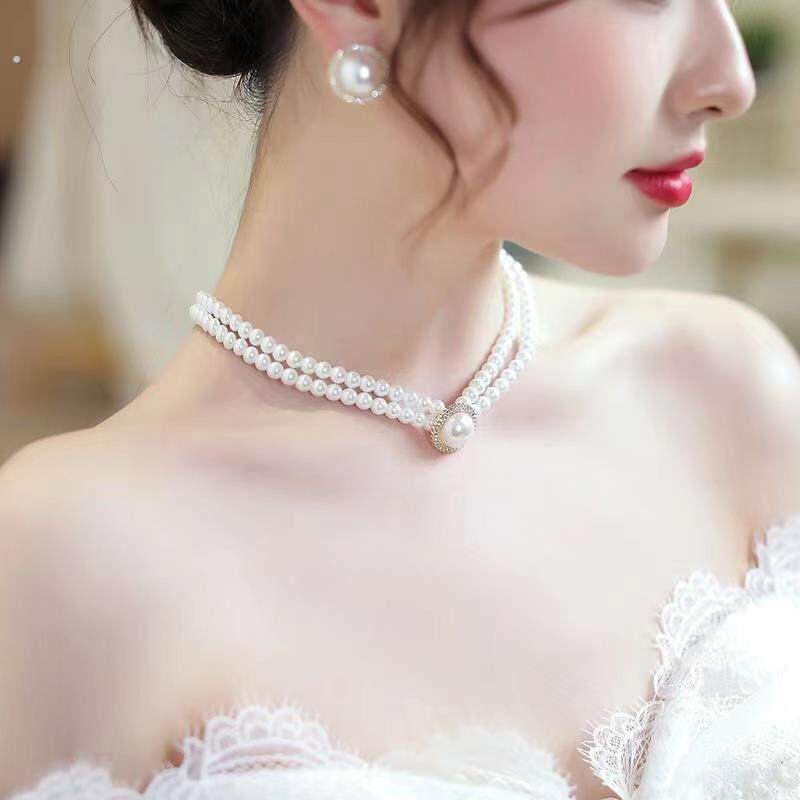 法式复古赫本风珍珠项链女双层锁骨链新娘婚礼颈链配饰耳环三件套