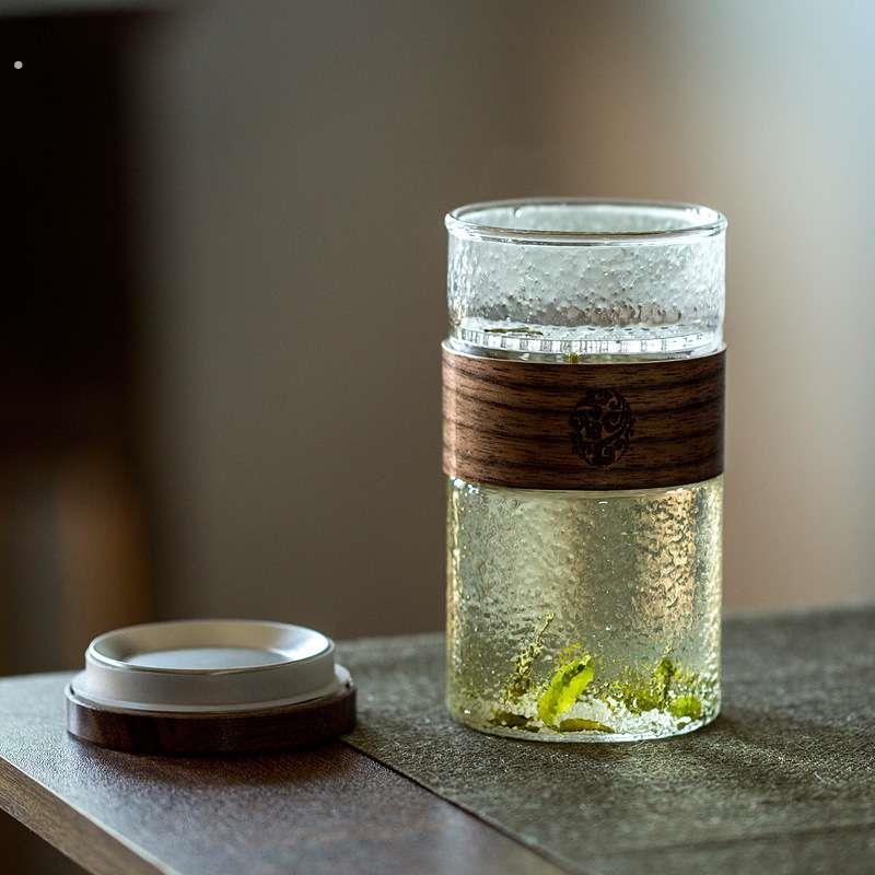 小号日式锤纹月牙个人杯办公室带过滤木盖茶杯家用耐热玻璃泡茶杯