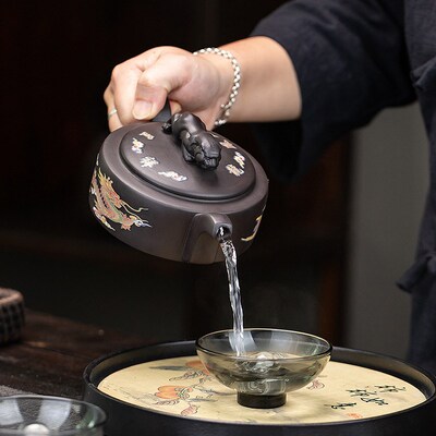 紫砂壶大容量500cc凤鸣壶龙凤呈祥遇热变色功夫茶具单个茶壶送礼