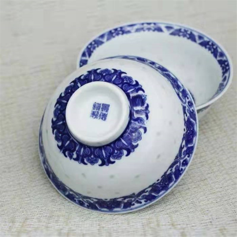 景德镇青花玲珑米饭碗 面碗米通瓷 釉下彩高温餐具