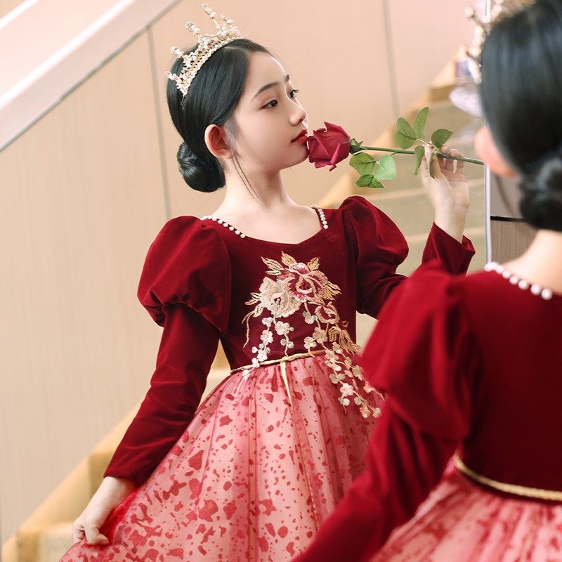 圣诞节儿童晚礼服女童红色婚纱花童公主裙主持人钢琴走秀演出服秋