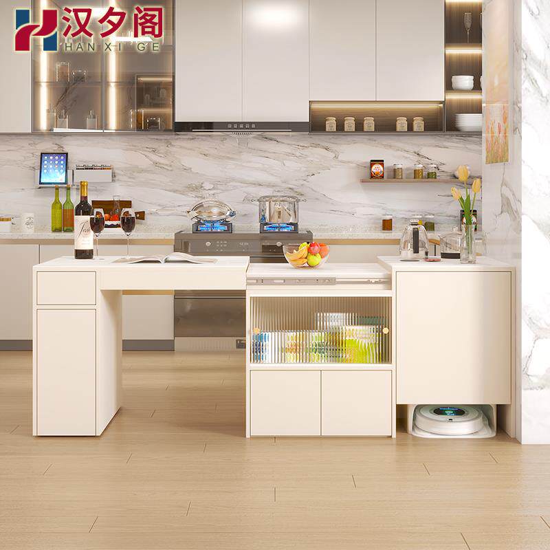 奶油风岩板伸缩岛台餐桌一体厨房小户型多功能中岛料理台定制8E57