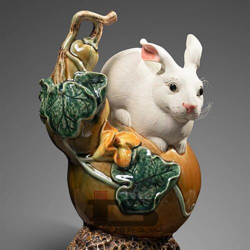 福禄葫芦吉祥生肖兔子陶瓷工艺石湾公仔公司家居中式饰柜客厅摆件