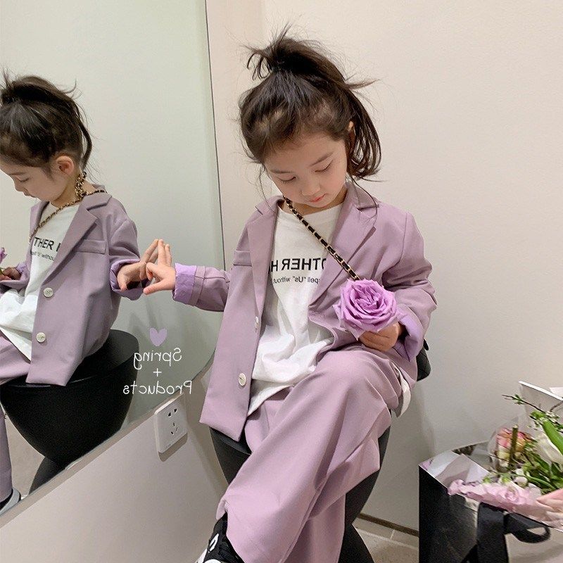 女童西服休闲套装2024春秋季新款宝宝百搭外套+直筒裤两件套