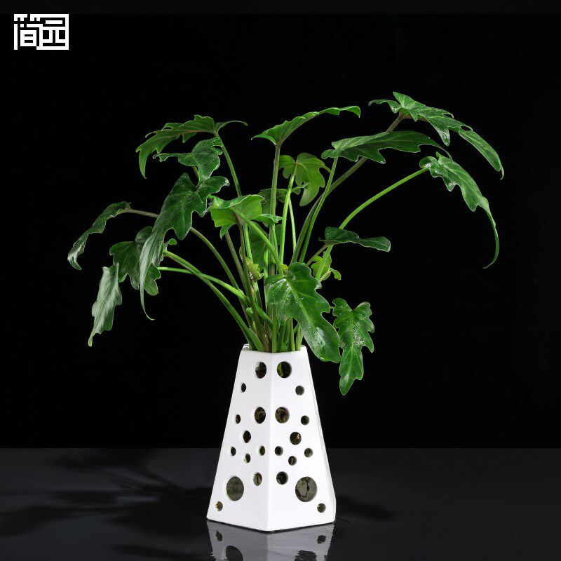 简园 养鱼生态缸水中造景六棱台多孔陶瓷花器 水培养绿植创意花盆
