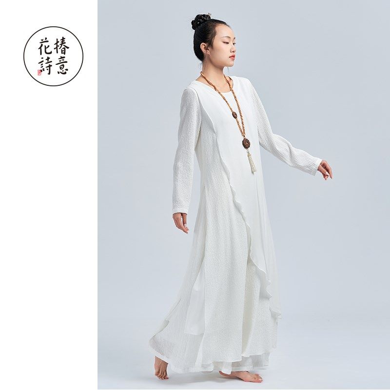 花椿诗意清冷感禅意连衣裙夏白色圆领人丝长袖轻奢设计感森系裙子