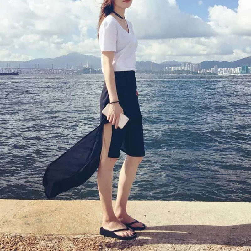 2021夏季飘逸仙女裙网纱裙黑色雪纺半身裙开衩前短后长沙滩裙显瘦
