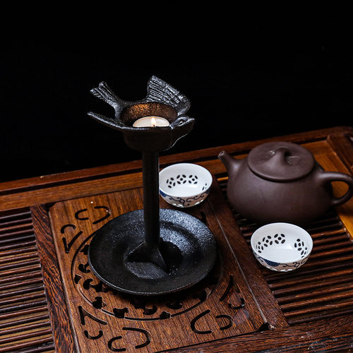 铸铁老烛台油灯手工复古小鸟飞燕中式怀旧茶道灯家居装饰摆件蜡烛