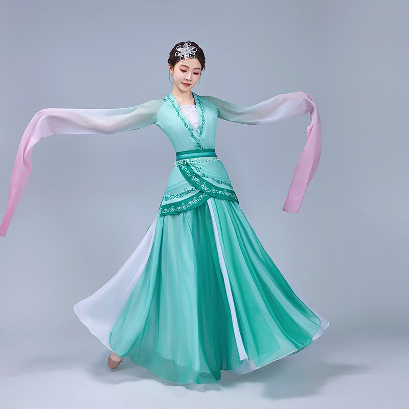 水袖舞蹈服装女飘逸古典舞演出服中国风踏春行采薇舞汉唐舞蹈服装