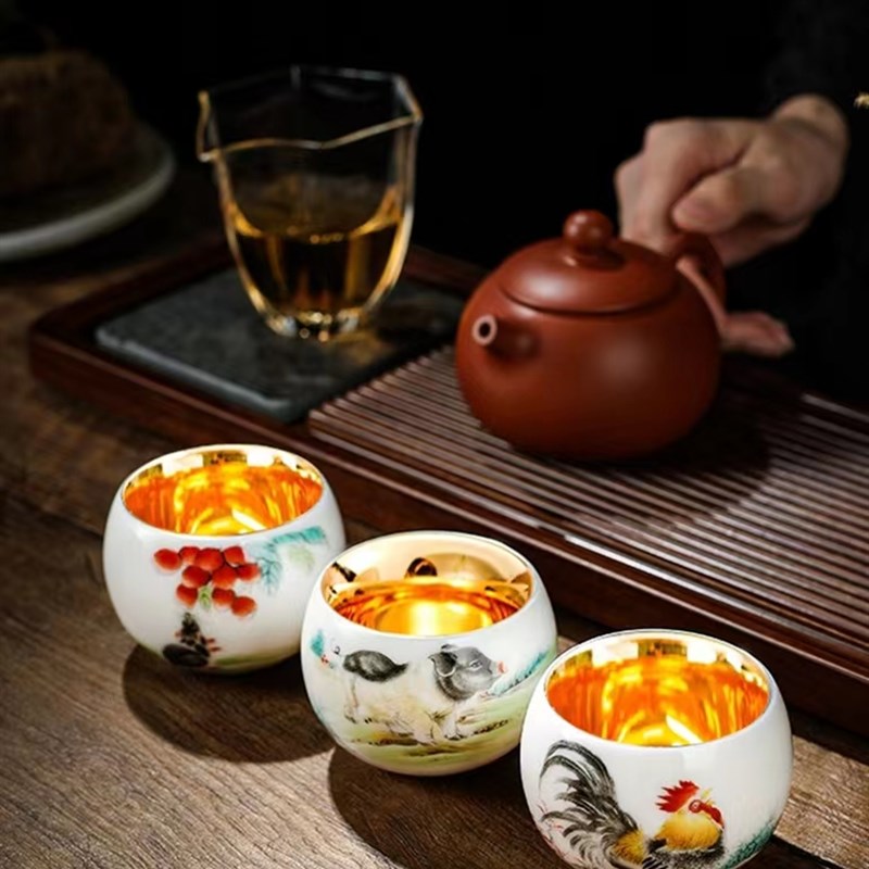 鎏金主人杯十二生肖茶杯羊脂玉瓷金盏个人专用单杯高档品茗杯礼盒