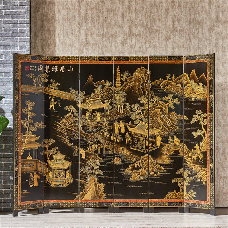 兰典古典描金手工中式酒店餐厅茶楼实木屏风隔断背景玄关人物山水