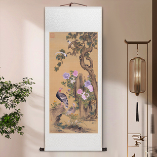锦鸡图国画入户玄关装饰画新中式牡丹卷轴挂画书房茶室中国风壁画