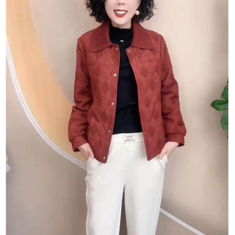 2026新款妈妈春装外套短款翻领压格洋气中老年人开衫宽松拼色上衣