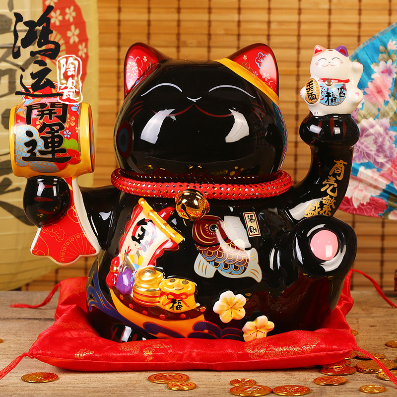 黑色招财猫摆件储存钱罐陶瓷大号开运发财猫开业创意礼品乔迁前台