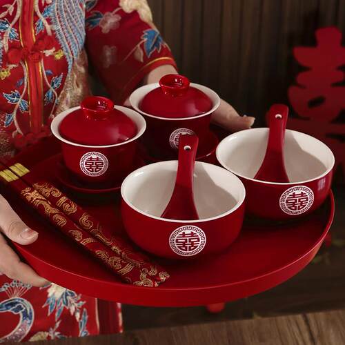 敬茶杯结婚敬酒婚礼对碗喜碗茶杯子碗筷套装改口陪嫁茶具红碗一对