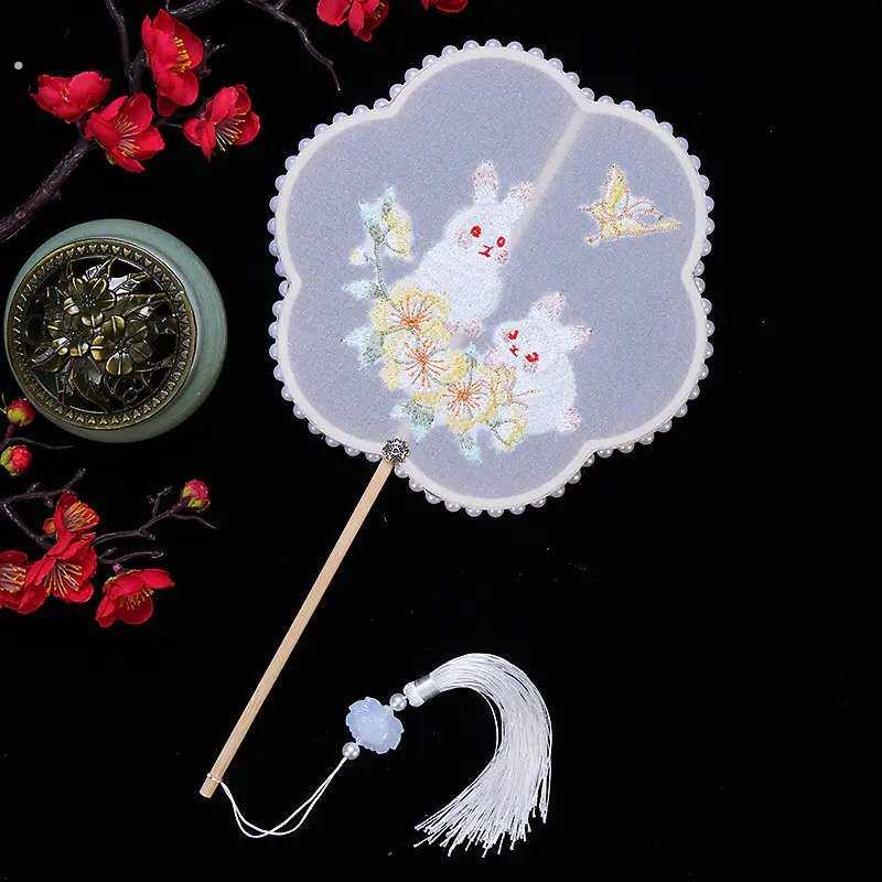 团扇古风扇子少儿夏天半透明古装汉服旗袍刺绣长柄流苏舞蹈扇宫扇