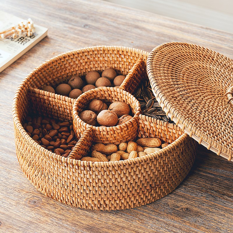 藤编分格干果盘家用零食瓜子盘糖果盒客厅茶几带盖小吃坚果点心碟