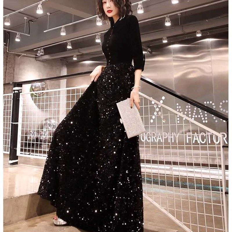 高档晚礼服女宴会气质高级感高端小众轻奢黑色亮片指挥晚宴主持人