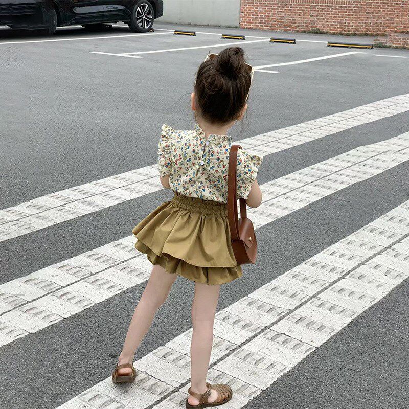 女童套装夏季新款时髦洋气小女孩花边衬衫蛋糕裙裤可爱女宝两件套