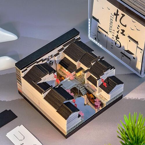 江南水乡3D立体纸雕便签纸本手撕创意徽式建筑场景模型文创礼品