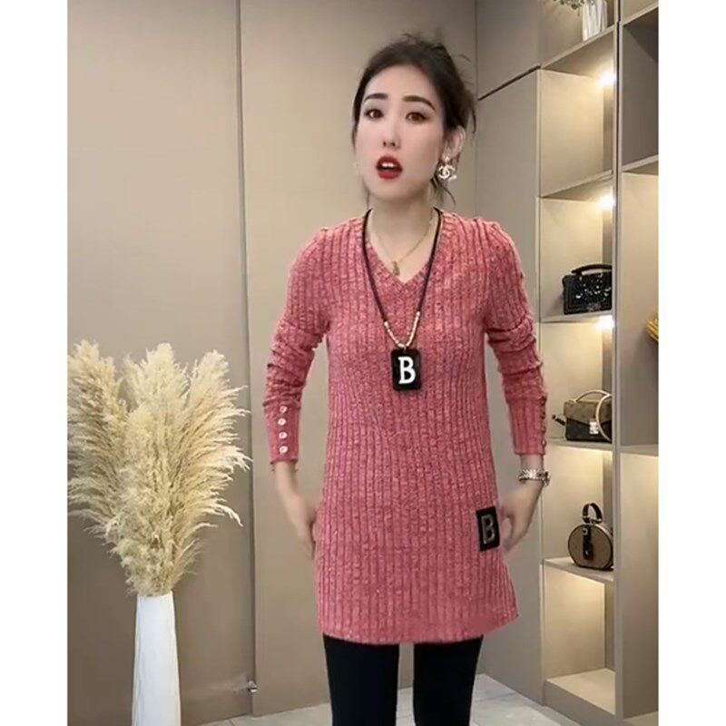 中长款外穿针织衫女春秋冬立体装饰高级感气质V领长袖T恤打底上衣