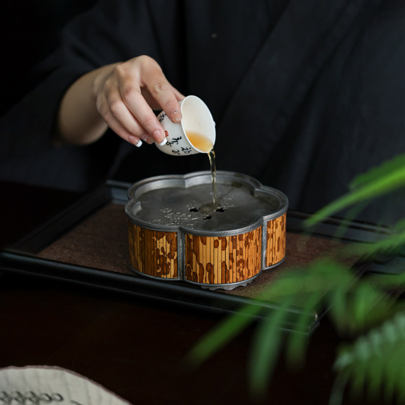 【古篱 花瓣壶承】锡包竹干泡盘功夫茶具干泡茶台金属储水茶盘