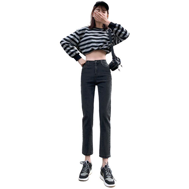 黑色烟管牛仔裤女宽松2024春夏高腰弹力显瘦小个子八九分直筒裤子