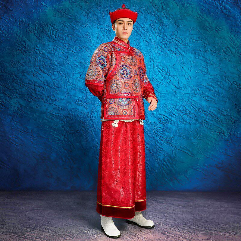新款男士时尚拍照蒙古袍婚礼新郎伴郎父母敬酒舞蹈演出服红色长袍