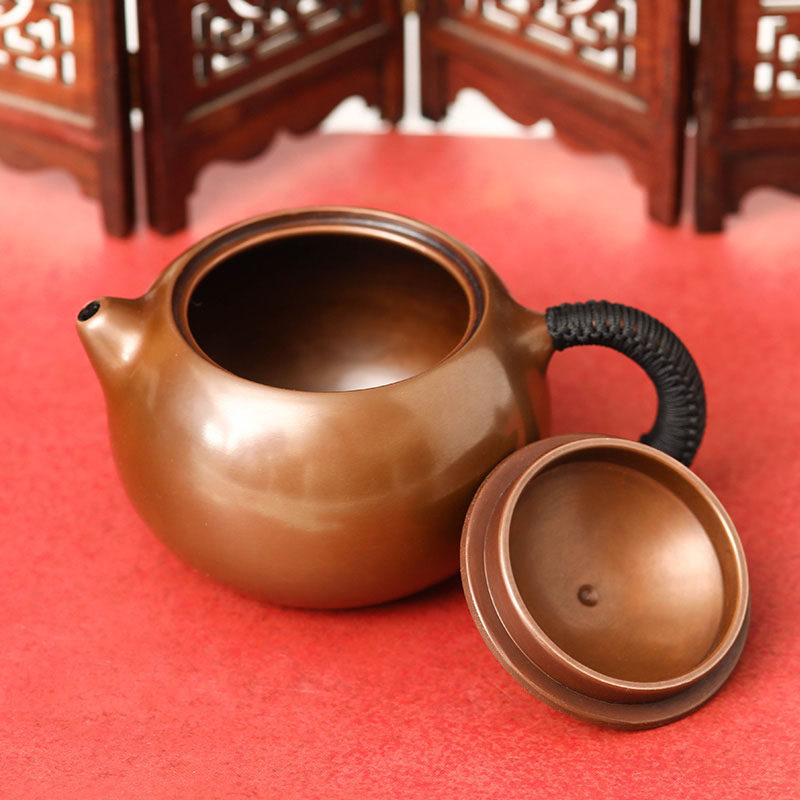 大红袍西施壶铜壶烧水壶手工倒把煮茶泡小茶壶套装紫铜茶道摆件